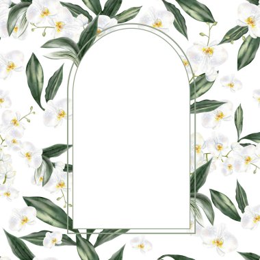 Üzerinde beyaz çiçekler ve yeşil orkide yaprakları olan bir düğün davetiyesi. Görüntü