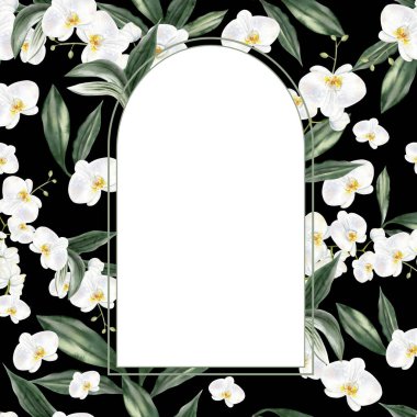 Üzerinde beyaz çiçekler ve yeşil orkide yaprakları olan bir düğün davetiyesi. Görüntü