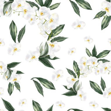 Beyaz çiçekli ve yeşil orkide yapraklı güzel, pürüzsüz bir desen. Görüntü