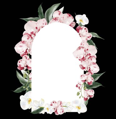 Üzerinde pembe orkide çiçekleri ve yaprakları olan düğün davetiyesi. Görüntü