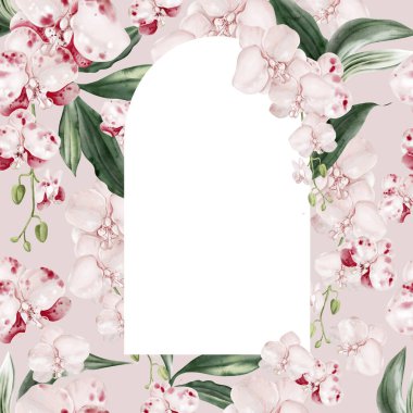 Üzerinde pembe orkide çiçekleri ve yaprakları olan düğün davetiyesi. Görüntü