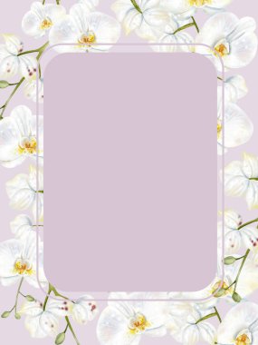 Üzerinde beyaz orkide çiçekleri olan düğün davetiyesi. Görüntü