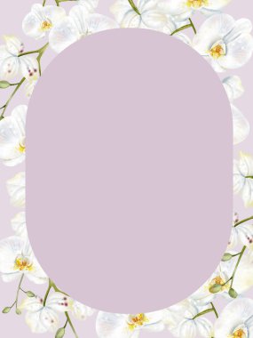 Üzerinde beyaz orkide çiçekleri olan düğün davetiyesi. Görüntü