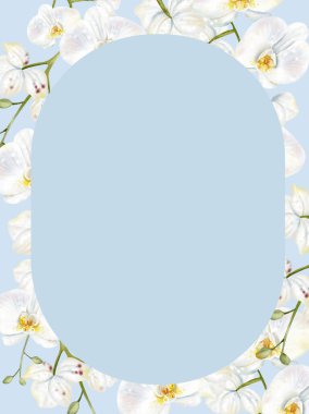 Üzerinde beyaz orkide çiçekleri olan düğün davetiyesi. Görüntü