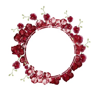 Kırmızı orkide çiçekli düğün davetiyesi çelengi. Görüntü