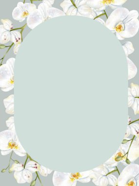 Üzerinde beyaz orkide çiçekleri olan düğün davetiyesi. Görüntü