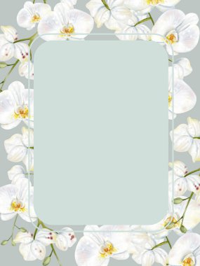 Üzerinde beyaz orkide çiçekleri olan düğün davetiyesi. Görüntü