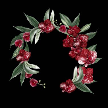 Kırmızı orkide yapraklı düğün davetiyesi çelengi. Görüntü