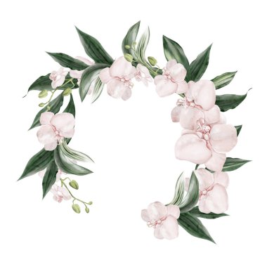 Pembe orkide yapraklı düğün davetiyesi çelengi. Görüntü