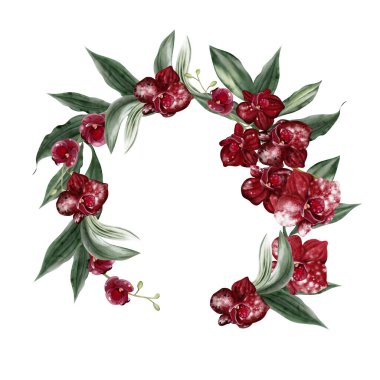 Kırmızı orkide yapraklı düğün davetiyesi çelengi. Görüntü