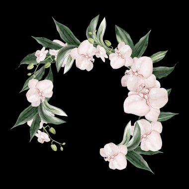 Pembe orkide yapraklı düğün davetiyesi çelengi. Görüntü