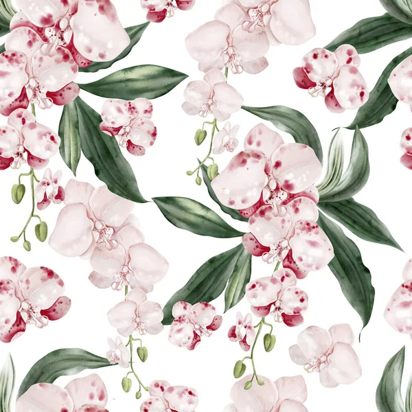 Pembe çiçekli ve yeşil orkide yapraklı güzel, pürüzsüz bir desen. Görüntü