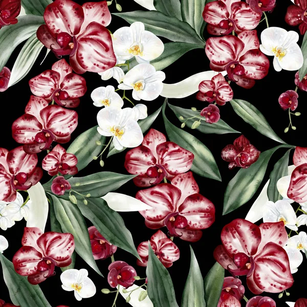 Kırmızı ve beyaz çiçekli ve yeşil orkide yapraklı güzel, pürüzsüz bir desen. Görüntü
