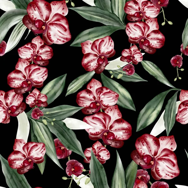 Kırmızı çiçekleri ve yeşil orkide yaprakları olan güzel, pürüzsüz bir desen. Görüntü