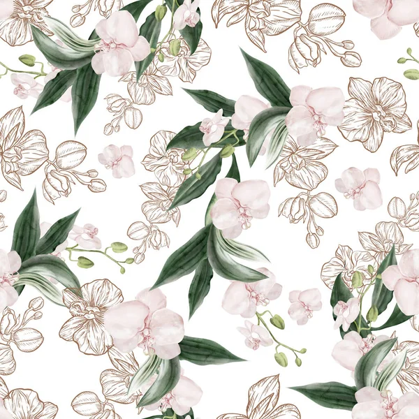 Pembe çiçekli ve yeşil orkide yapraklı güzel, pürüzsüz bir desen. Görüntü