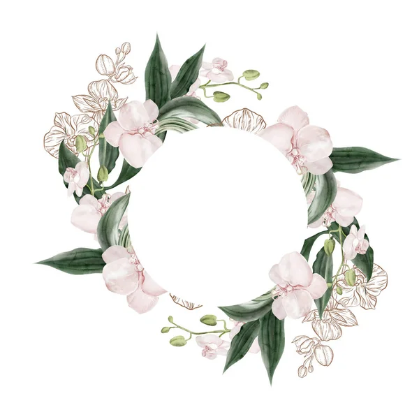 Pembe orkide yapraklı düğün davetiyesi çelengi. Görüntü