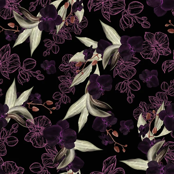 Orkide çiçekleri ile ters çevirmede kusursuz bir desen. Görüntü.