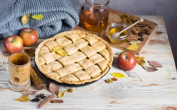 Hausgemachter Apfelkuchen Mit Reifen Äpfeln Sorten Und Herbstblättern Auf Hellem — Stockfoto