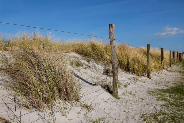 Recinzione Con Pali Legno Intemperie Fronte Alle Dune Sabbia Sulla — Foto Stock