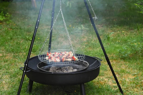 Brochettes Shashlik Barbecue Sur Trépied Noir Grill Pivotant Dans Jardin — Photo