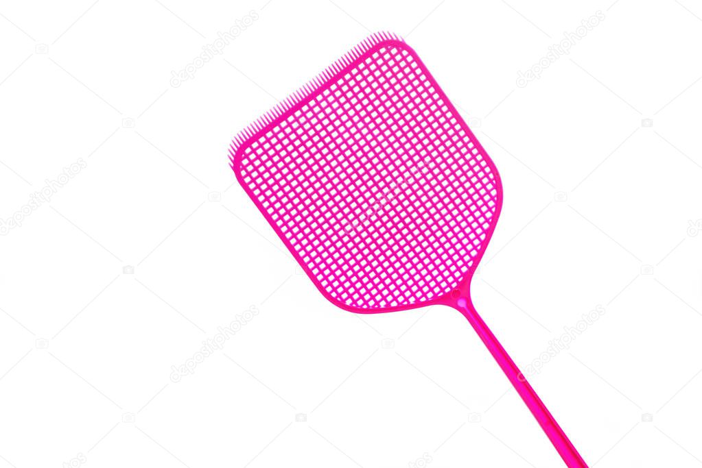 pink flyswatter from plastic isolated on a white background, copy space