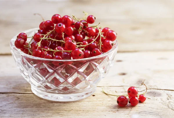 Baies Groseilles Rouges Biologiques Jardin Dans Bol Verre Sur Bois — Photo