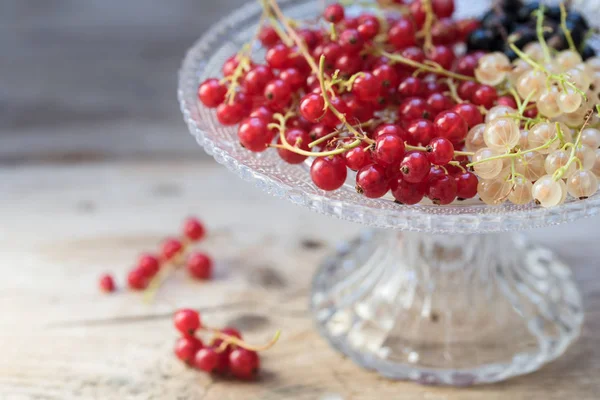 Röda Och Vita Vinbär Bär Glasskål Rustika Trä Närbild Skott — Stockfoto