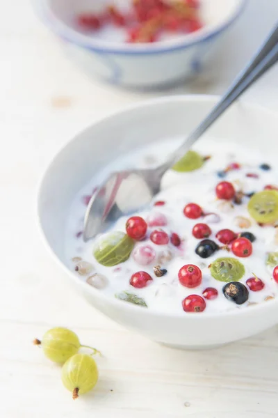 Frische Johannisbeeren Und Stachelbeeren Mit Naturjoghurt Einer Schüssel Gesundes Sommerfrühstück — Stockfoto