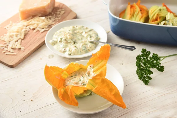 Preparing Stuffed Courgette Zucchini Blossoms Ricotta Parmesan Cream Cooking Ingredients — Stock Photo, Image