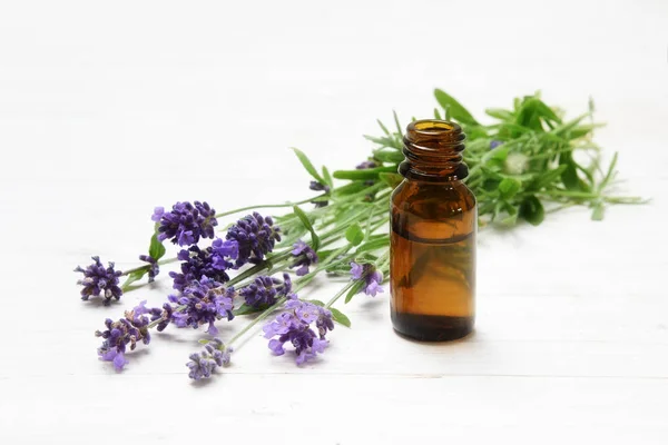 Fresh Lavender Flowers Essential Herbal Oil Brown Glass Bottle White — Stock Photo, Image