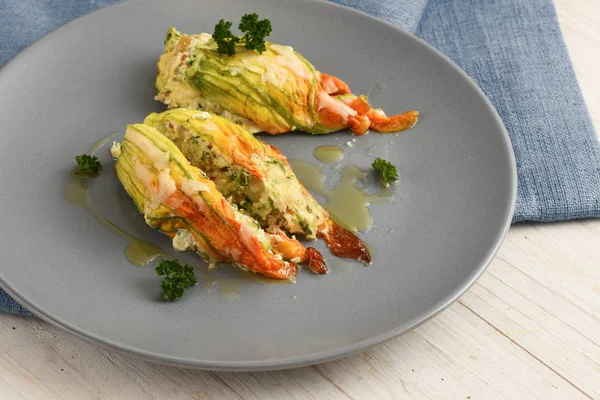 Stuffed Zucchini Courgette Blossoms Baked Parmesan Cheese Parsley Garnish Blue — Stock Photo, Image