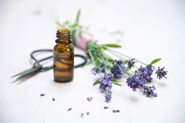 Flores Lavanda Uma Garrafa Com Óleo Essencial Ervas Tesoura Madeira — Fotografia de Stock