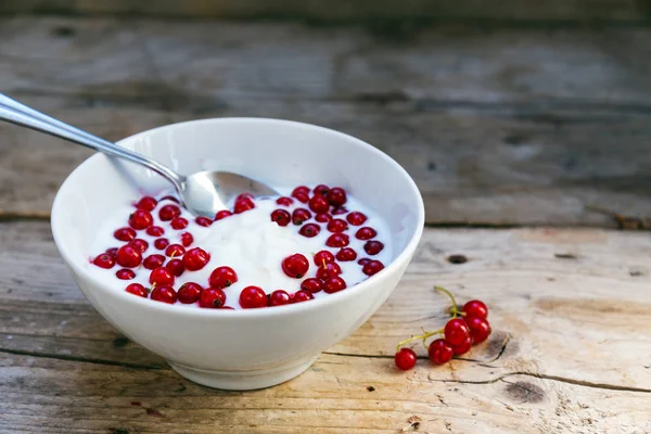 Crema Yogur Natural Con Grosellas Rojas Frescas Tazón Blanco Desayuno —  Fotos de Stock