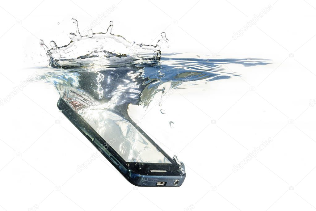 smart phone is falling into the water with splash, concept for waterproof product or insurance claim, isolated on a white background, copy space