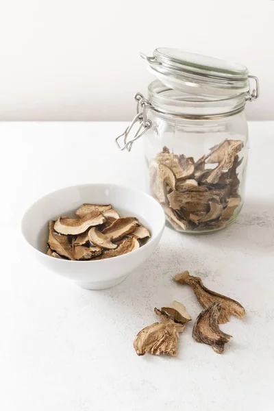 Dried Porcini Mushrooms Glass Jar Soaked Water Preparation Cooking White — Stock Photo, Image