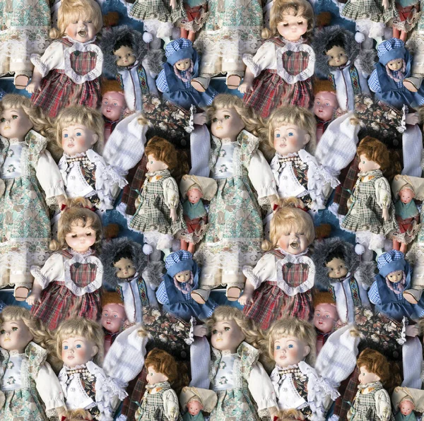 Απρόσκοπτη Μοτίβο Φόντου Πολλές Παλιές Κούκλες Χρησιμοποιούνται Ένα Σωρό — Φωτογραφία Αρχείου