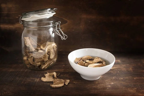 Dried Porcini Mushrooms Glass Jar Soaked Water Preparation Cooking Dark — Stock Photo, Image