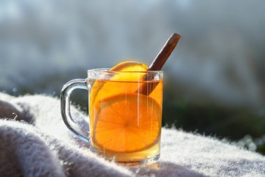 portakal dilimleri ve tarçın bir yün battaniye kopya alanı, seçilen odak, dar alan derinliği ile bir bulanık gri mavi arka plan üzerinde sıcak çay