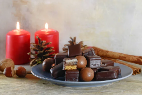 Galletas Jengibre Rellenas Alemania Llamado Dominó Steine Bolas Chocolate Velas — Foto de Stock