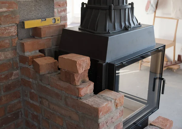 Borde Pared Ladrillo Para Una Estufa Leña Chimenea Construcción Área — Foto de Stock