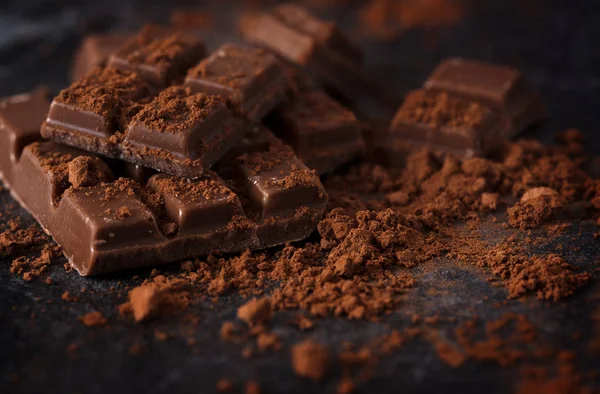 Chocolate Cacao Polvo Una Placa Pizarra Oscura Macro Disparo Enfoque —  Fotos de Stock