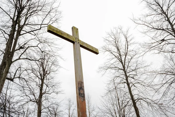 Gran Cruz Madera Símbolo Cristiandad Entre Árboles Desnudos Invierno Espacio —  Fotos de Stock