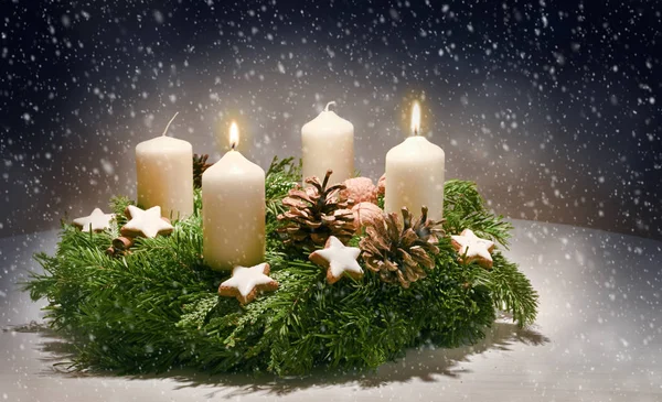 Advent Wreath Evergreen Branches White Candles Second Burning Time Christmas — Stock Photo, Image