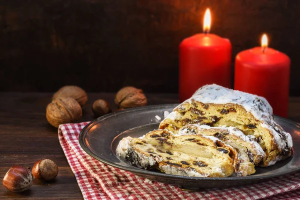 Christmas Cake German Christstollen Fruits Raisins Marzipan Front Two Red — Stock Photo, Image