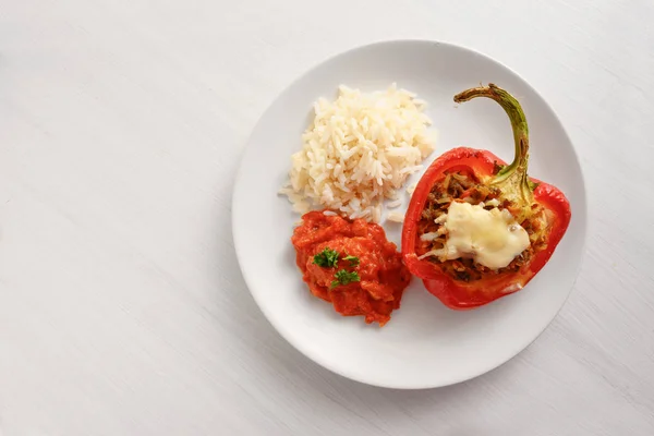 Stuffed Red Bell Pepper Baked Cheese Gratin Rice Tomato Sauce — Stock Photo, Image