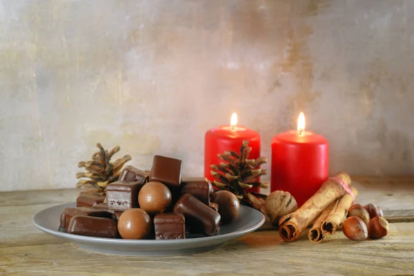 Chocolate Balls Gingerbread Cookies Germany Called Dominosteine Red Candles Decoration — Stock Photo, Image