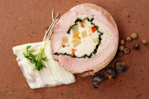 Quail Galantine Boned Stuffed Meat Festive Dinner Rustic Brick Plate — Stock Photo, Image