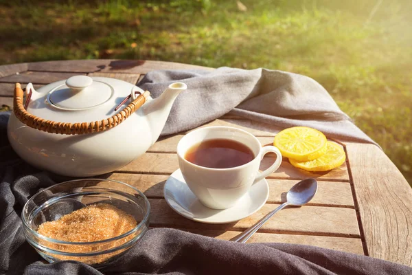 Tea Cup White Teapot Brown Sugar Lemon Slices Wooden Garden — Stock Photo, Image