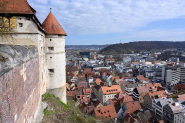HEIDENHEIM, GERMANY, APRIL 7, 2019: view from the castle Hellenstein over the town Heidenheim an der Brenz in southern Germany against a blue sky with clouds, copy space clipart