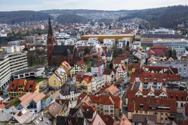 HEIDENHEIM, GERMANY, APRIL 7, 2019: aerial view over the city Heidenheim an der Brenz in southern Germany against a blue sky with clouds, copy space clipart